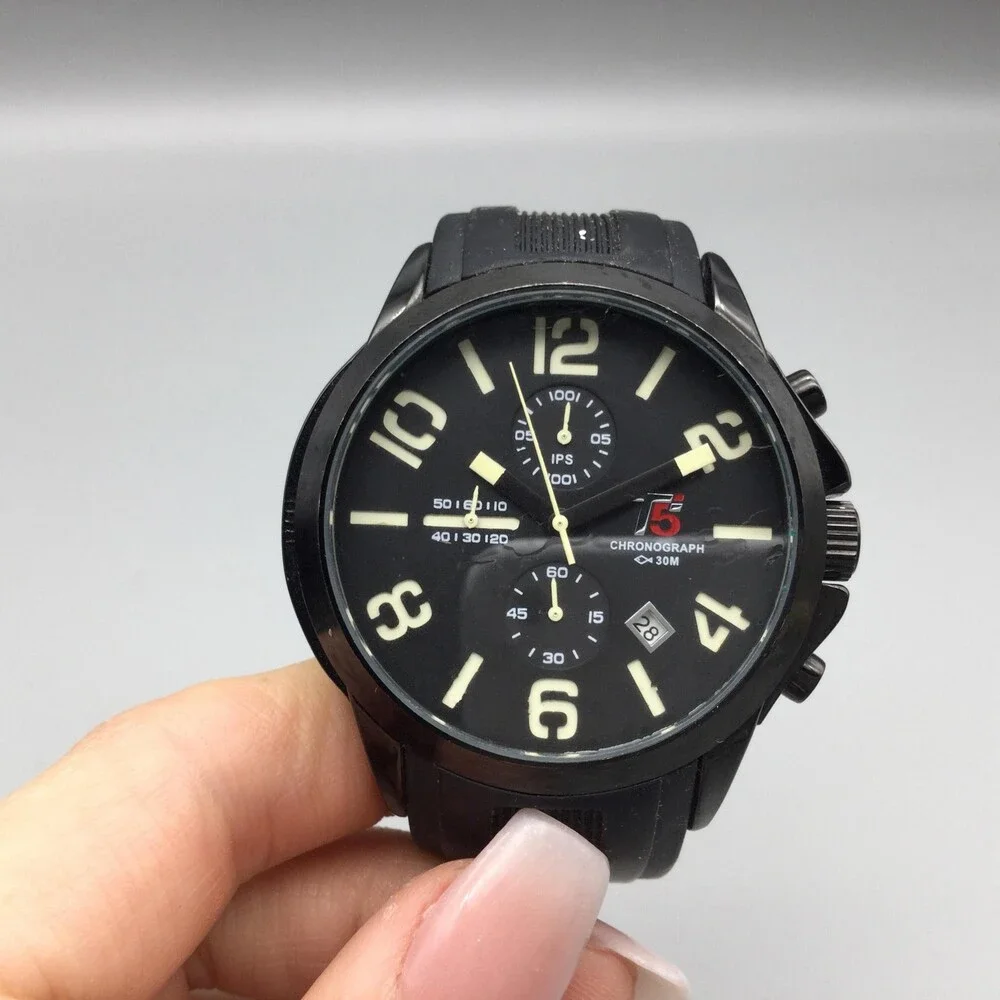 T5 Chronograph Watch Mens 44mm Black Dial Black Rubber Strap Date New Battery